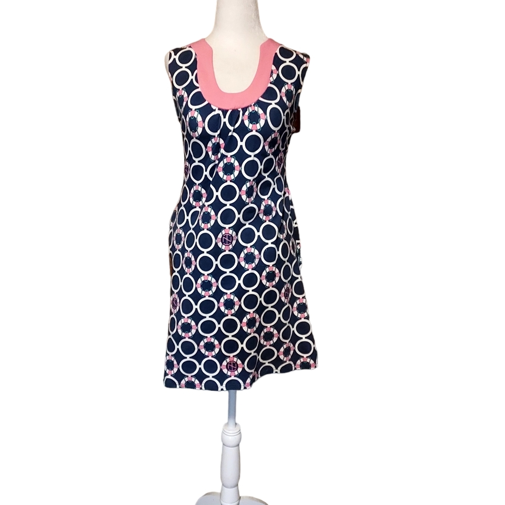 tracy negoshian Dress Xs Knee Length Sleeveless Bkue Pink White Preppy 95%cotton